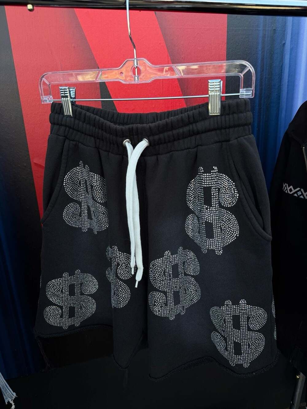 Black Rhinestone Dollar Sign Streetwear Sweat Shorts with Drawstring Size S